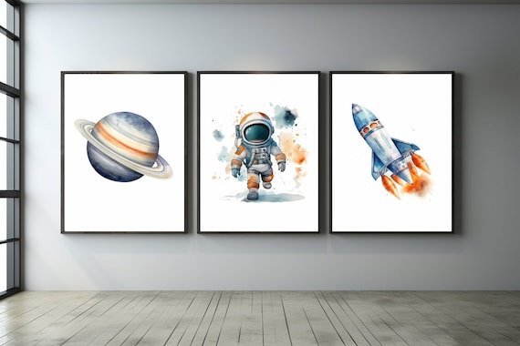 Outer Space Prints Set of 3, Space Nursery Decor, Astronaut Rocket Ship Planet Wall Art, Boys & Kids Room Decor, Gift for Space Travel Boys