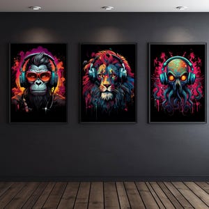 Trio of digital animal prints styled for cool teen decor, gaming setups, or music lovers.