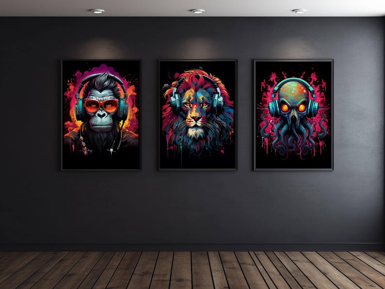 Trio of digital animal prints styled for cool teen decor, gaming setups, or music lovers.