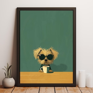 Arte de pared con perro divertido tomando café, impresión de amante del café de Yorkshire Terrier, póster de perro lindo, regalo para amantes del café, decoración de cocina caprichosa