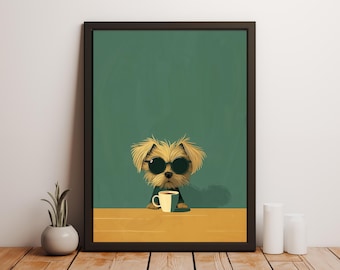 Puede incluir: Impresión artística enmarcada que presenta un Yorkshire Terrier de dibujos animados con gafas de sol, sosteniendo una taza de café. El perro está sobre un fondo verde con una mesa amarilla. La obra es de estilo minimalista.