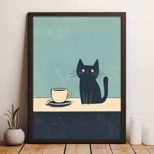 Black Cat Coffee Print: Minimalist Kitchen Art (Digital Download)