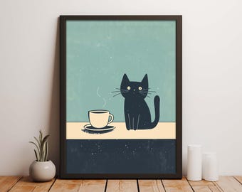 Schwarze Katze Kaffee Druck, Katze mit Tasse Poster, Minimalistische Tier Illustration, Kaffee Liebhaber Wand Dekoration, moderne Küchen Kunst