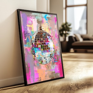 Retro Disco Ball Różowy nadruk Mirrorball Preppy Room Decor Bachelorette Bar Cart Estetyczny drukowany prezent Sztuka dla niej Cyfrowe pobieranie plakatu