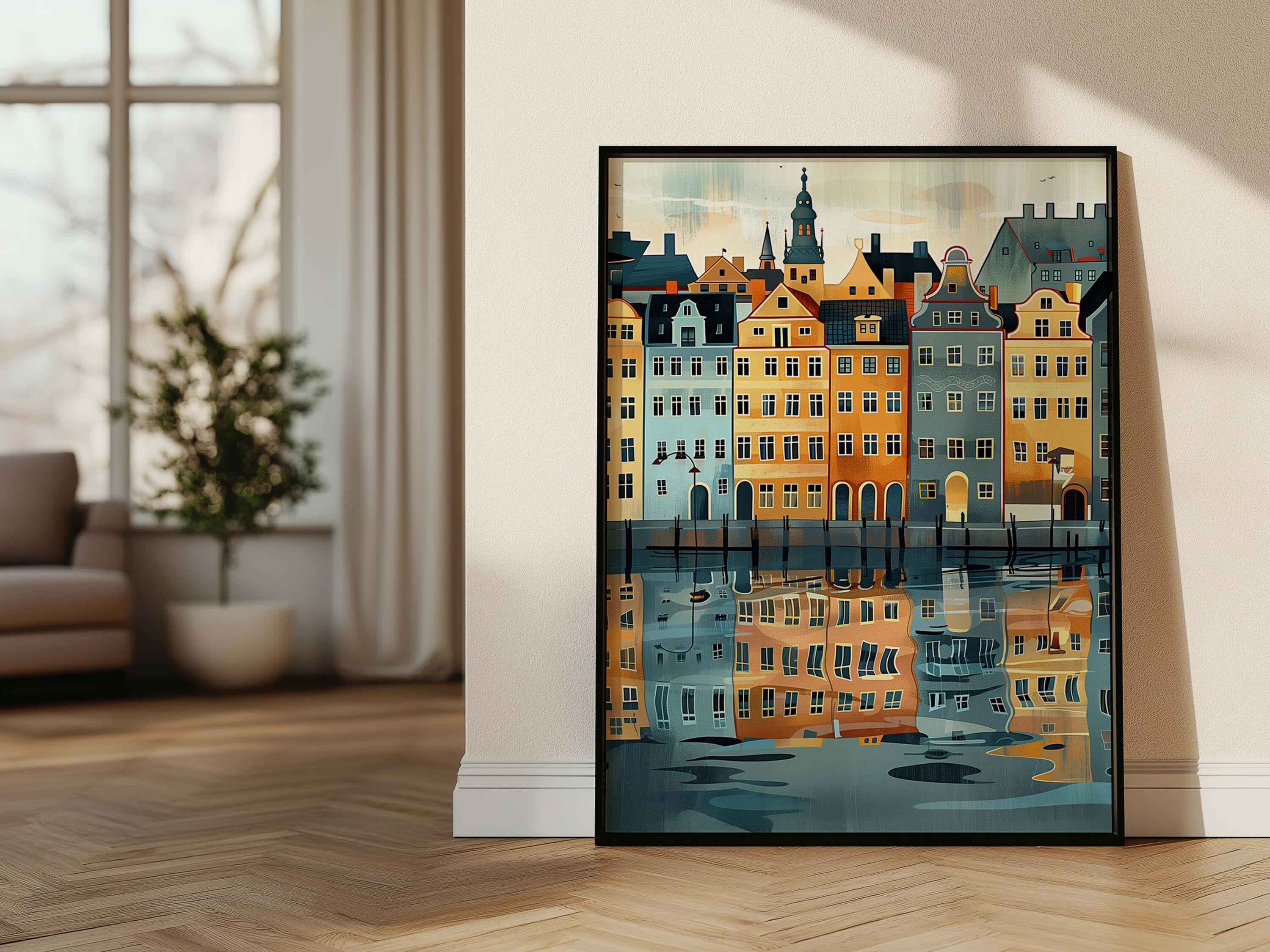 Scandinavian Row Houses Wall Art, Nordic Canal House Print
