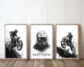 Personalized Motocross Poster Set: Black and White Dirt Bike Decor (Digital Download)