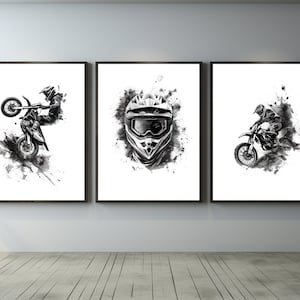 Dirt Bike Print, Set of 3 Motocross Wall Art, Gift for Him, Motorcycle Black and White Poster, Dirt Bike Gift, Sport Themed Room Decor, Bike