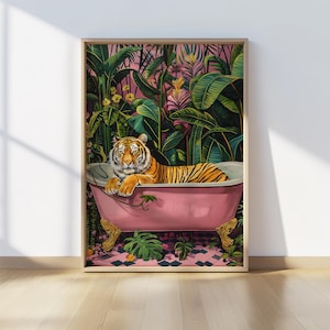 Impression d&#39;art tigre dans une baignoire rose : décoration de salle de bain maximaliste (téléchargement numérique)