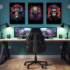 Set of 3 urban-style animal posters—octopus, lion, and monkey—each styled for gaming or boys’ bedroom walls.