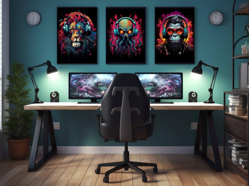 Set of 3 urban-style animal posters—octopus, lion, and monkey—each styled for gaming or boys’ bedroom walls.