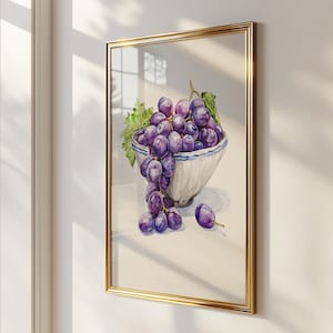 Fioletowe winogrona akwarelowe ścienne, owocowy wystrój kuchni, sztuka jadalni w stylu wiejskim, plakat rustykalnej winnicy, botaniczna ilustracja żywności
