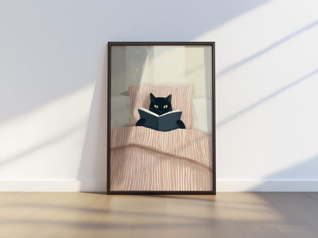 Black Cat Reading in Bed Wall Art Printable, Cozy Bedroom Decor, Book ...