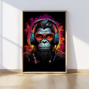 Street-style monkey art with sunglasses and headphones, ideal for gaming setups or teen rooms.
