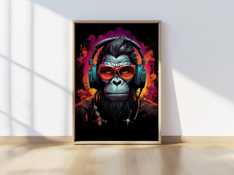 Street-style monkey art with sunglasses and headphones, ideal for gaming setups or teen rooms.