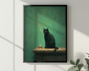 Cat Bar Cart Wall Art: Moody Black Cat with Whiskey & Cigarette Print (Digital Download)