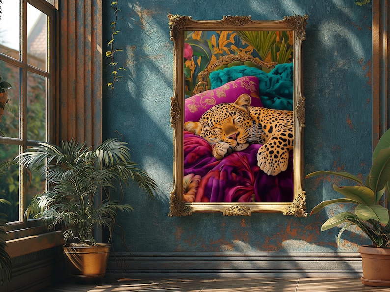 Sleeping Leopard Printable Wall Art, Maximalist Bedroom Decor, Bold