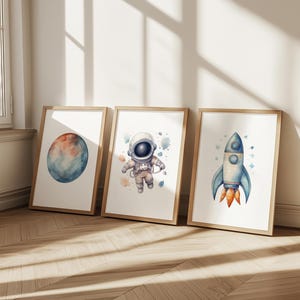 Juego de 3 impresiones del espacio exterior, póster de astronauta, cohete y planeta, arte de pared para habitación de niño, imprimibles con temática espacial, regalo para niño, descarga digital