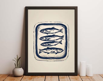 Sardine Tin Wall Art, Retro Fish Illustration Print, Vintage Seafood Poster, Minimal Blue Kitchen Wall Decor