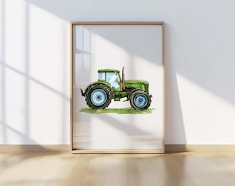 Farm Tractor Wall Art, Green Tractor Print, Country Nursery Decor, Rustic Farmhouse Illustration, Boys Room Art Digital Download