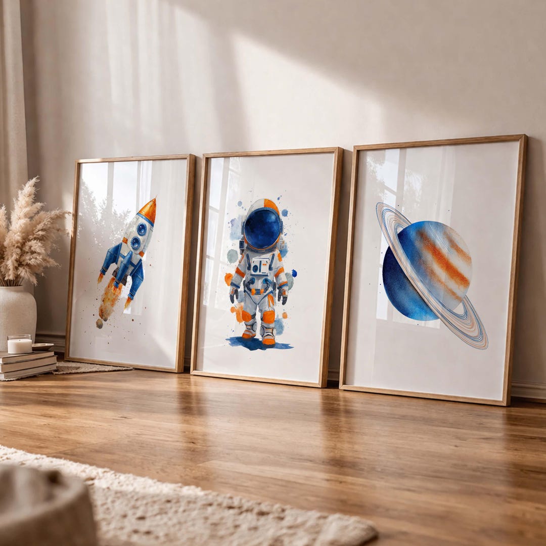 Outer Space Nursery Wall Art Set of 3, Astronaut Rocket Planet Prints ...
