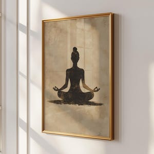 Arte mural minimalista de yoga, póster de meditación zen, decoración espiritual bohemia, impresión de siluetas de mindfulness, estudio de yoga sereno, descarga digital