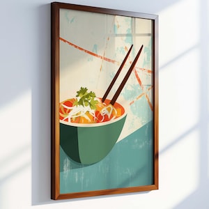 Art mural bol nouilles Pho, affiche de cuisine cuisine rétro, impression de ramen vietnamien, déco cuisine asiatique, illustration en téléchargement numérique
