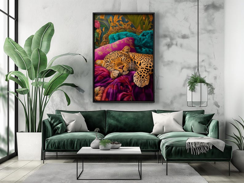 Sleeping Leopard Printable Wall Art, Maximalist Bedroom Decor, Bold