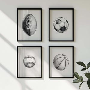 Black and White Sports Ball Wall Art Set of 4, Football Baseball Soccer Basketball Prints, Boys Room Decor, Teen Sport Poster Set Download