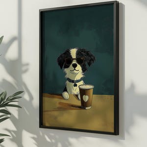 コーヒーを飲むボーダーコリーのアートプリント、サングラスをかけた面白い犬のウォールアート、クールなペットの装飾、犬好きへのギフト、モダンなコーヒーショップの印刷物