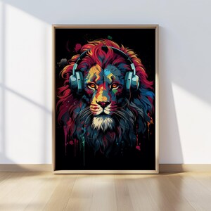 Vibrant lion print wearing headphones, designed in a bold graffiti style for gamer wall decor.