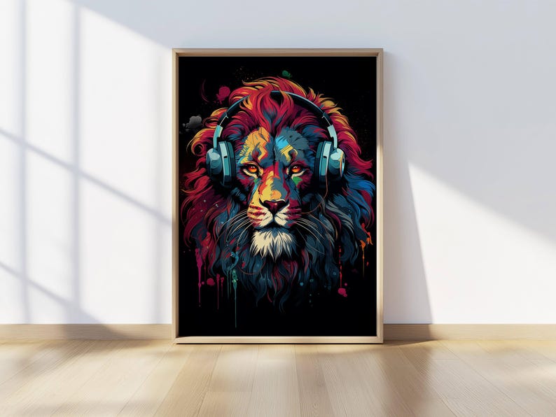 Vibrant lion print wearing headphones, designed in a bold graffiti style for gamer wall decor.