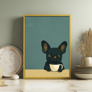 コーヒープリント、コーヒーを飲むかわいい黒のフレンチブルドッグの壁アート、居心地の良いドッグカフェの装飾、動物愛好家のキッチンポスター、コーヒー愛好家へのギフト
