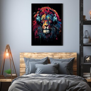 Lion artwork with colorful mane and headphones, perfect for gaming rooms or boys who love music.
