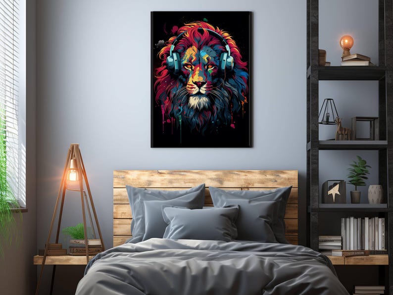 Lion artwork with colorful mane and headphones, perfect for gaming rooms or boys who love music.