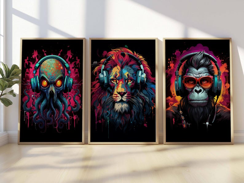 Gamer wall art bundle with octopus, lion, and monkey characters in vibrant digital style.