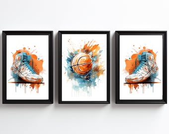 Basketball-Wandkunst, Set mit 3 Basketball-Drucken, Kinderzimmer-Sportdrucke, Graffiti-Basketball-Poster, Geschenk für Ballspieler, Jungenzimmerdekoration, digital