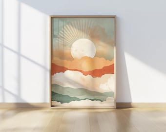 Boho Sun Printable Wall Art, Abstract Landscape Poster, Neutral Minimalist Aesthetic Digital Download