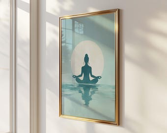 Yoga muurkunst print, poster meditatie silhouet, kalm blauwgroen oceaandecor, zen minimalistische muurkunst, spa kamer decor