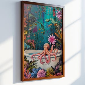 Octopus in Bathtub Floral Print: Maximalist Bathroom Art (Digital Download)
