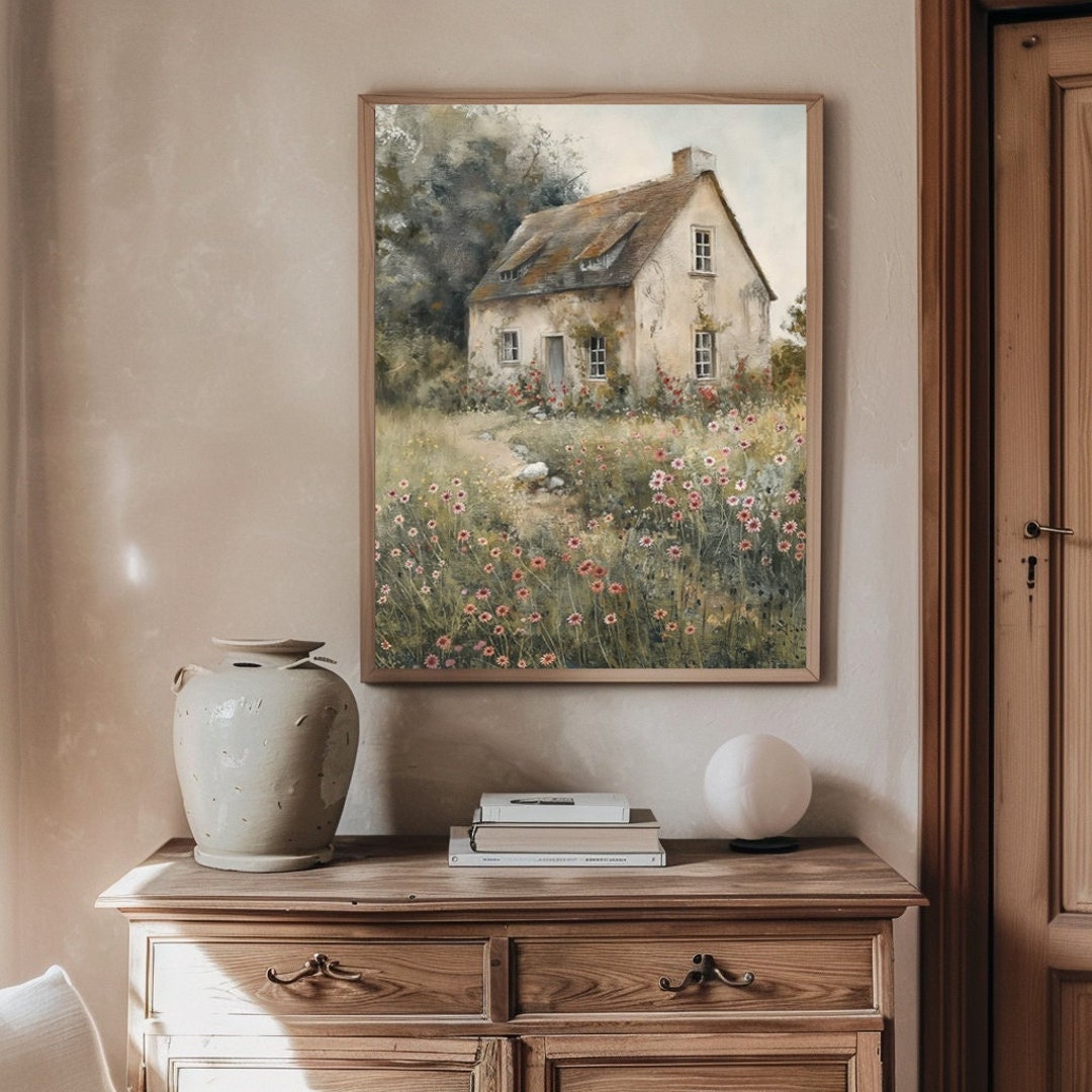 Vintage House Print, Rustic Farmhouse Wall Decor, Muted Colors ...