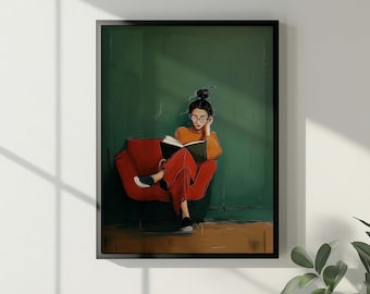 May include: Framed art print of a person reading a book while seated in a red armchair. The person wears glasses, an orange sweater, and red pants. The background is a green wall with a shadow.