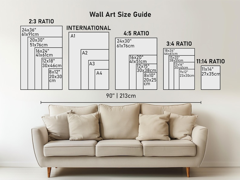 May include: A Wall Art Size Guide chart displaying various frame dimensions in inches and centimeters, categorized by ratios including 2:3, 4:5, 3:4, 11:14, and International A1-A4 sizes, positioned above a beige sofa measuring 90 inches wide.