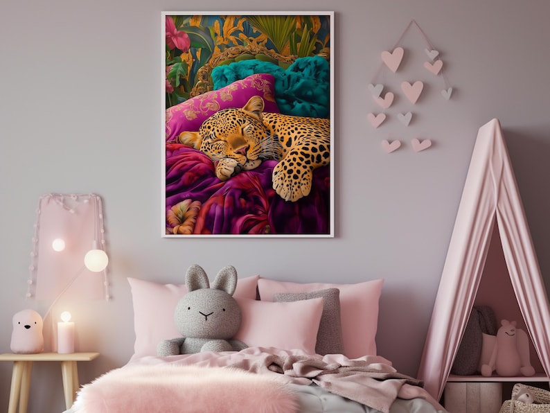 Sleeping Leopard Printable Wall Art, Maximalist Bedroom Decor, Bold