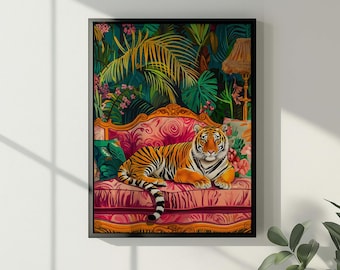 Tiger on Pink Couch Art Print: Maximalist Home Decor (Digital Download)