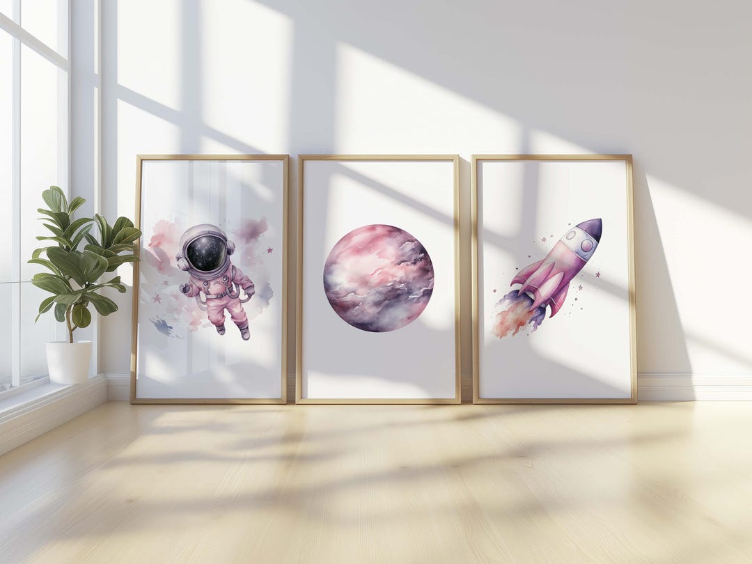 Space Wall Art Set: Pink Astronaut, Rocket and Planet Prints (digital ...