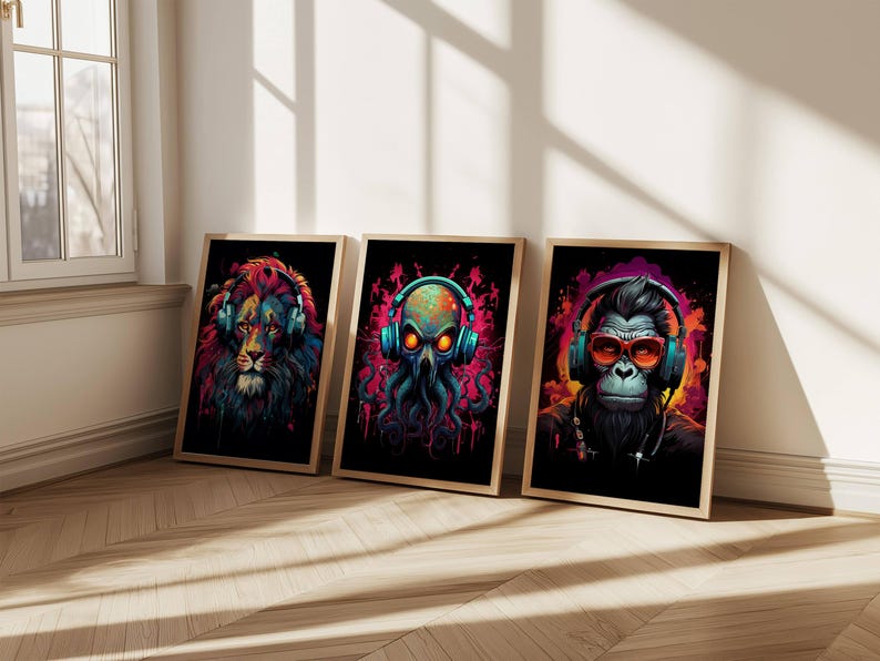 Gamer-themed octopus wall art with glowing eyes and headphones, perfect for a gaming room.