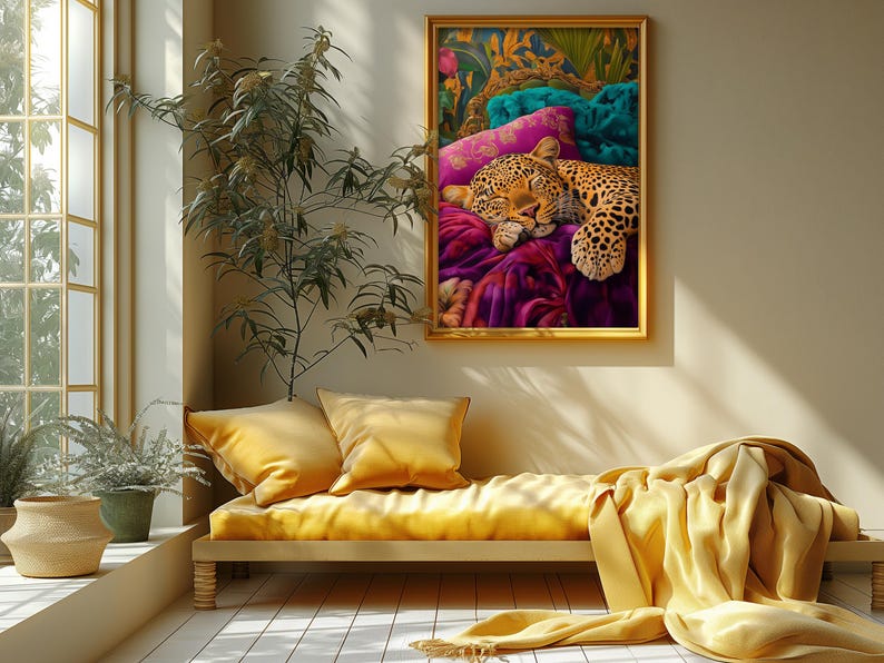 Sleeping Leopard Printable Wall Art, Maximalist Bedroom Decor, Bold