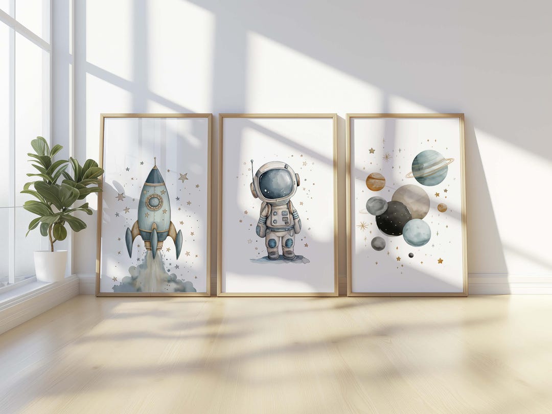 Space Nursery Wall Art Set: Rocket Astronaut Planet Prints (digital ...