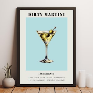 Dirty Martini Cocktail Rezept Print, Retro Bar Dekor, Vintage Drink Poster, Mixologie Geschenk, Alkohol Poster Download