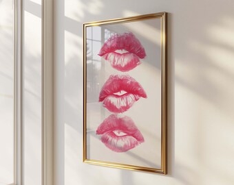 Pink Lips Wall Art for Feminine Bedroom Decor, Stylish Beauty Room Poster, Trendy Fashion Apartment Artwork